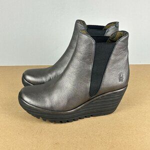 Fly London Yoss Pewter Leather Wedge Ankle Boots Womens 7.5/8 EU 38 Pull On